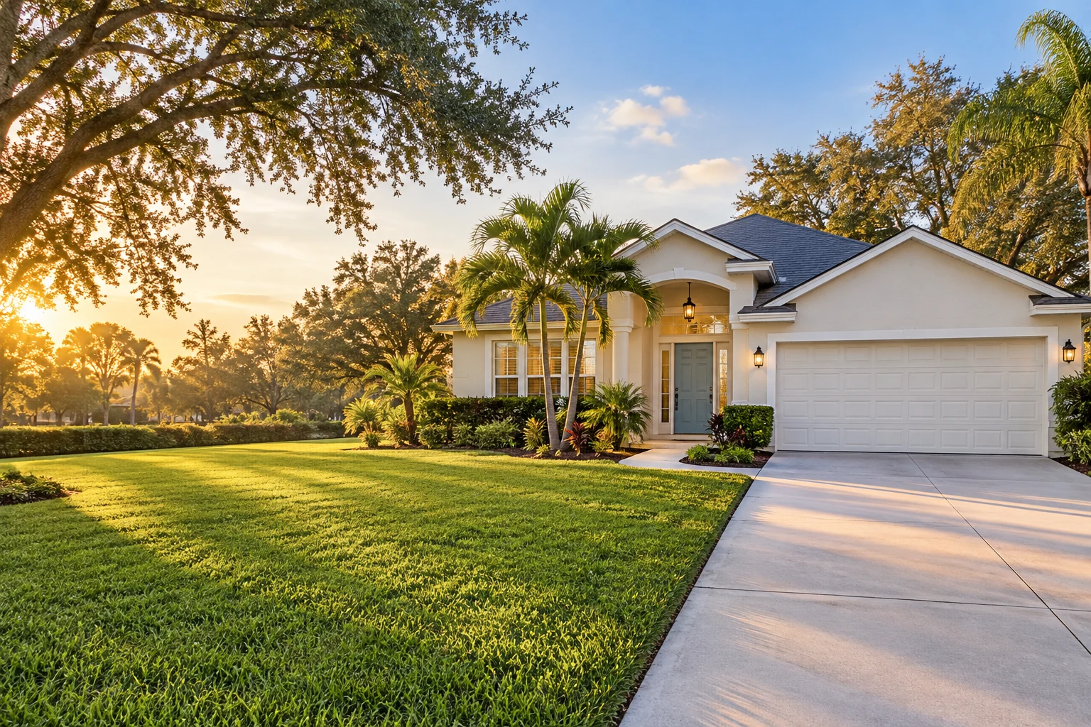 Illustrative Florida home with palms, a tidy lawn, and warm evening light